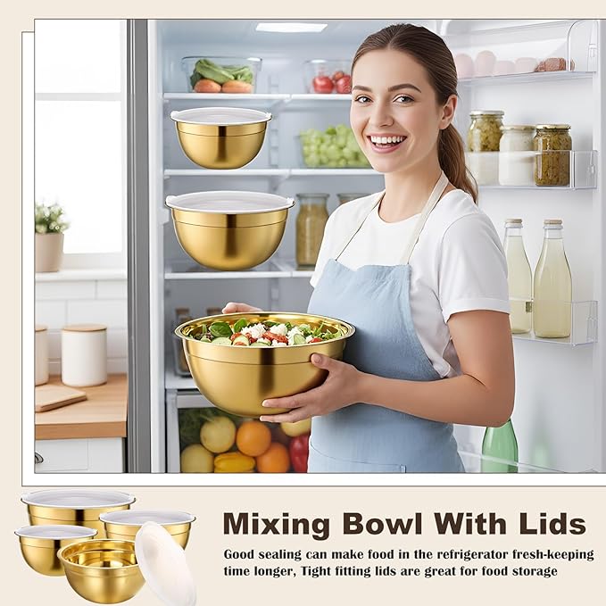 LemonRoad 8 Pcs Gold Kitchen Accessories Set Includes 1.5/2/2.8/3.6 Qt Gold Mixing Bowls with Airtight Lids, 1 Set Stainless Steel Measuring Cups, Grater Slicer with Handle, Egg Beater, Egg Separator