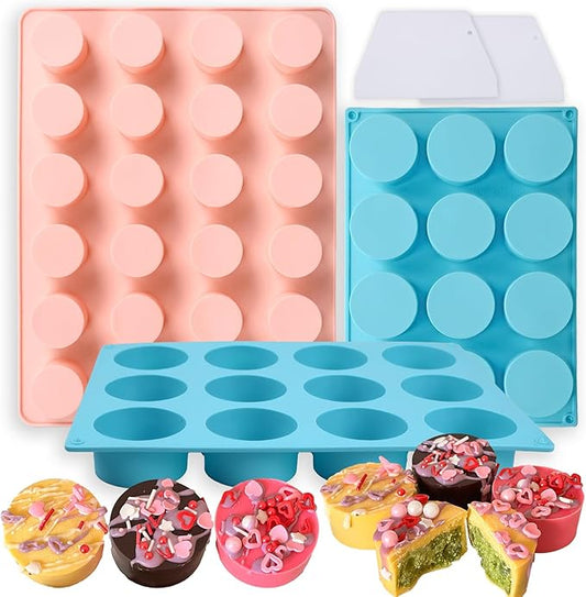 Cake Puck Mold Set,SAGOOITS 2 Different Sizes Chocolate Covered Cake Silicone Molds, 24-Cavity and 12-Cavity Round Cake Pop Molds with 2 Spatulas for DIY Cake Cores, Chocolate Desserts,Cakepucks
