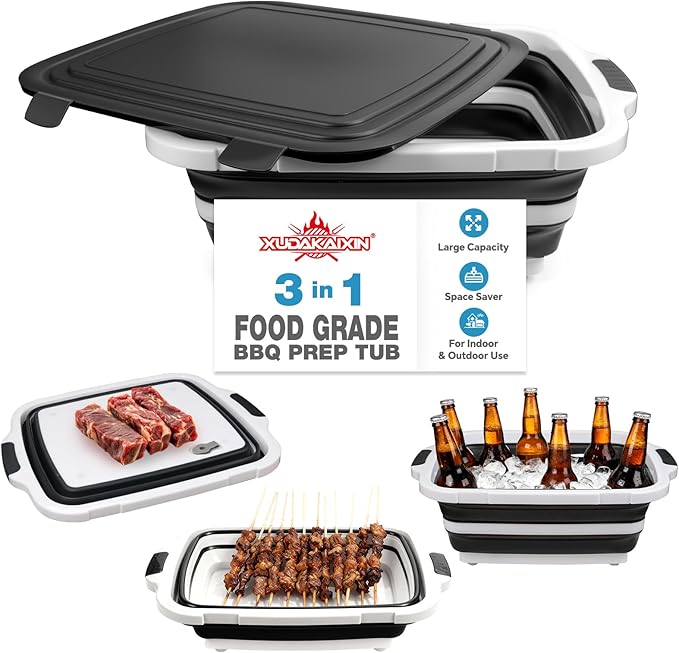 Collapsible BBQ Prep Tub for Meal Prep, Marinating, and Food Storage - Includes Cutting Board and Locking Lid,Ideal Gifts for Christmas,Dad,mother (X-Large) Black