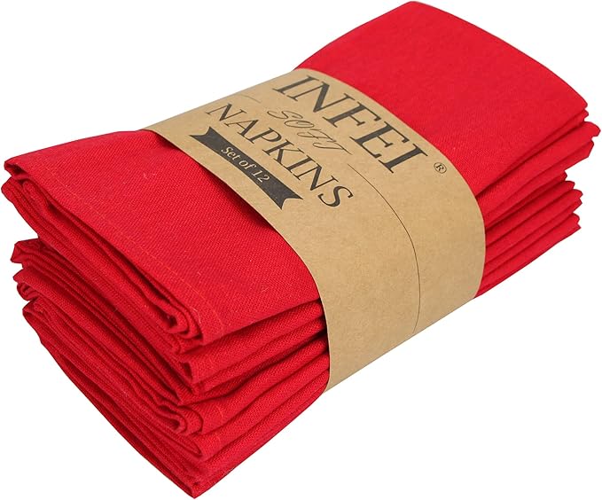 Solid Color Linen Cotton Thin Dinner Cloth Napkins - Set of 12 (40 x 40 cm) - for Xmas Thanksgiving Fall Use (Red)