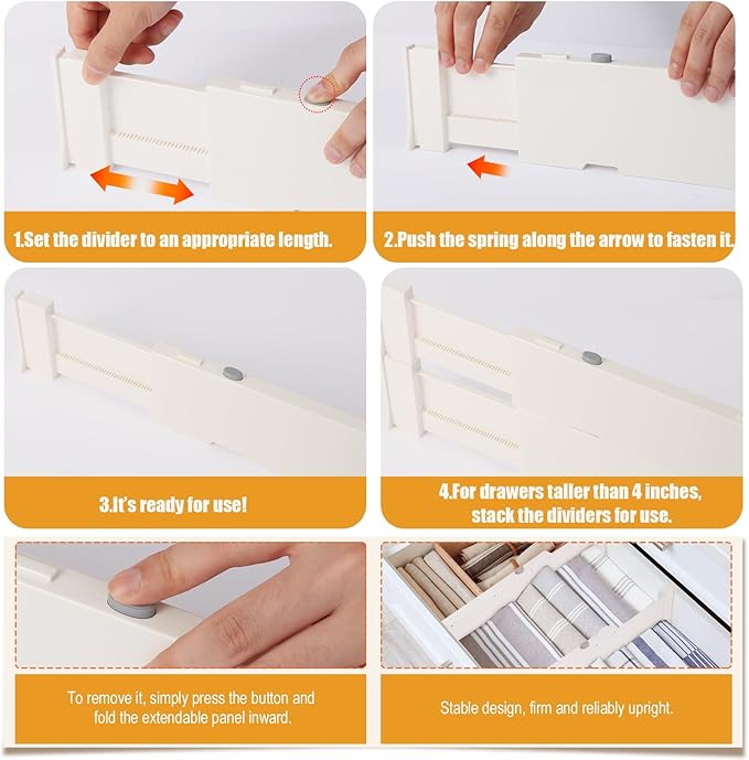 4 Pack 4" High Drawer Dividers, 11"-17" Expandable Drawer Organizer For Clothes, Dresser Drawer Organizer, Drawer Separators for Baby Clothes, Vanity, Kitchen and Office Storage, Warm White