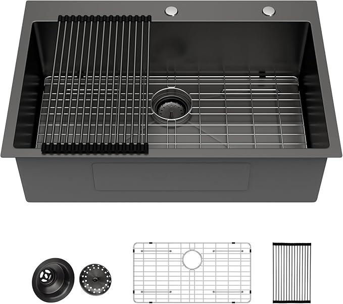 33 x 22 Drop In Kitchen Sink - Funmier 33 Inch Gunmetal Black Stainless Steel Topmount Kitchen Sink Single Bowl 16 Gauge Handmade 10" Deep Basin