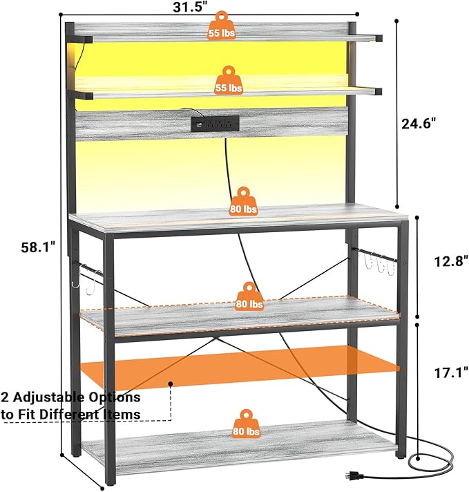 Aheaplus Bakers Rack with Power Outlet, Microwave Stand, 5 Tiers Coffee Bar Station with Led Lights, Kitchen Storage Shelf with 6 S-Shaped Hooks, Kitchen Rack Coffee Bar Stand, White Oak
