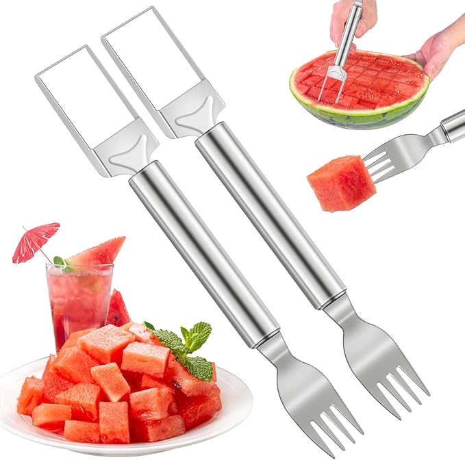 2Pcs Watermelon Cutter Slicer Tool, Stainless Steel 2-in-1 Watermelon Fork Slicer, Portable Watermelon Fork Watermelon Cutter Slicer Tool Fruit Forks Slicer for Home Party Camping Kitchen (2, Silver)
