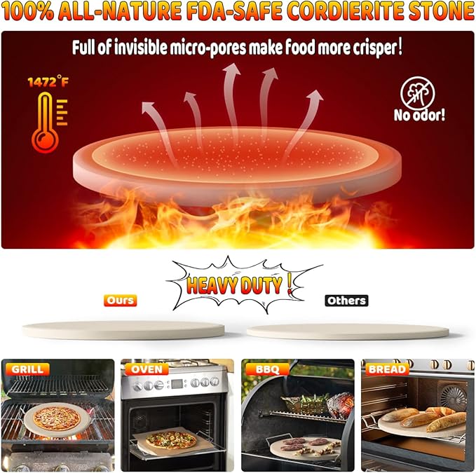 5 PCS Large Pizza Stone Set,Heavy Duty 16" Pizza Stone for Oven and Grill with Handle Rack,Pizza Peel(OAK), Pizza Cutter Rocker & Cooking Paper,Large Baking Stone for Pizza, Bread