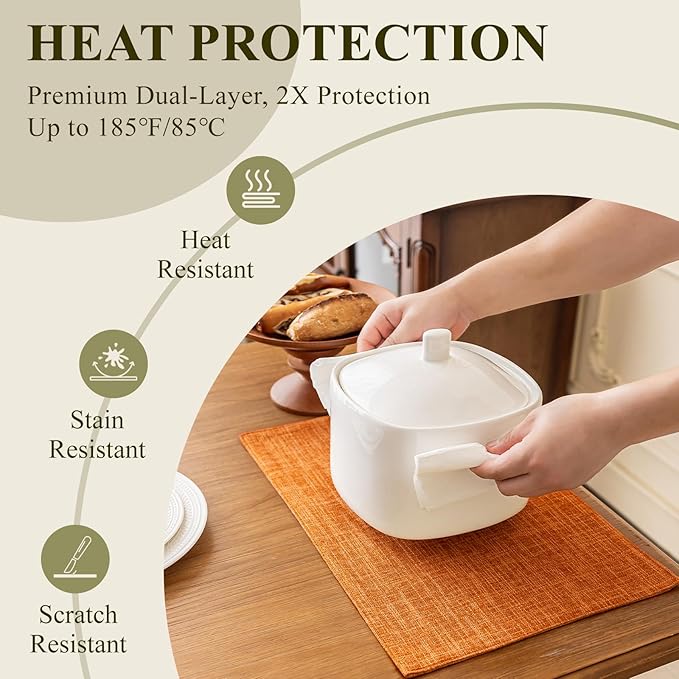 KXN Thanksgiving Placemats Set of 4, Dual-Layer Thickened Faux Linen Table Mats, Heat Resistant & Wrinkle-Free, Machine Washable Cloth Place Mats for Kitchen Dining Indoor Outdoor (Orange)