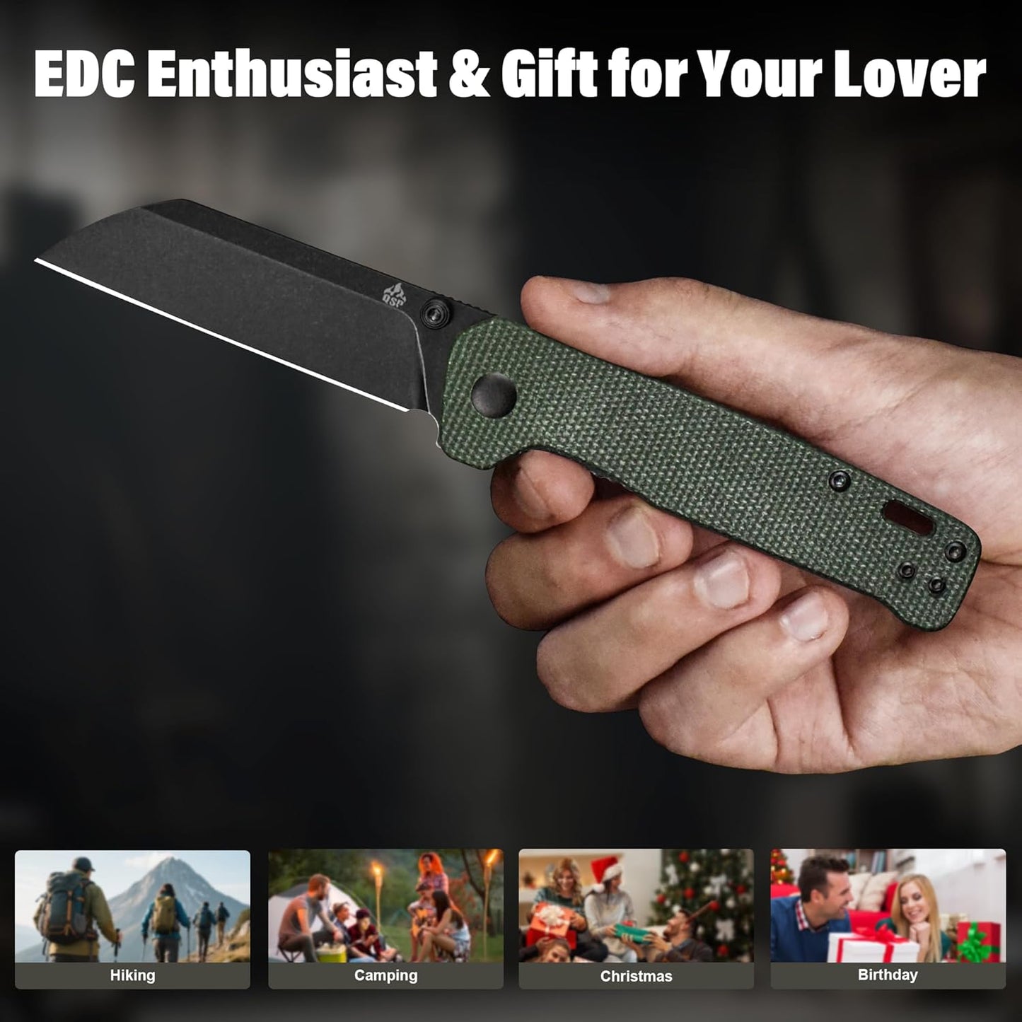 QSP Penguin V2 Folding Pocket Knife, 3.06" D2 Black Stonewash Blade EDC Knife, Green Micarta Handle, Liner Lock, Ceramic Ball Bearings, Reversible SS Deep Carry Clip