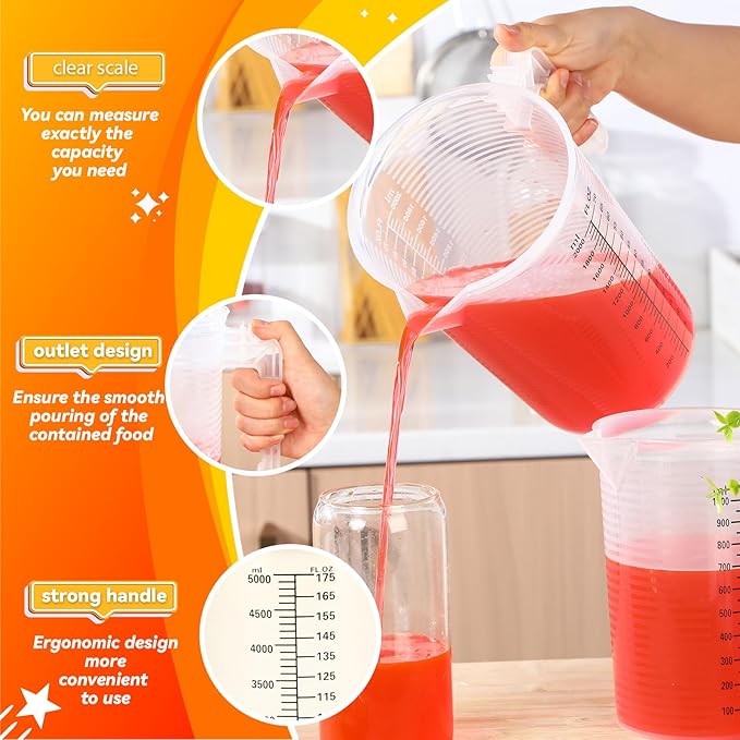 Xuhal 6 Pieces Plastic Measuring Pitcher Measurment Cup 6 Sizes Mixing Pitcher Gauge Bottle Measure Containers Jug with Handle and Spout for Water, Flour, Rice, Coffee, Wine, Milk, Sugar