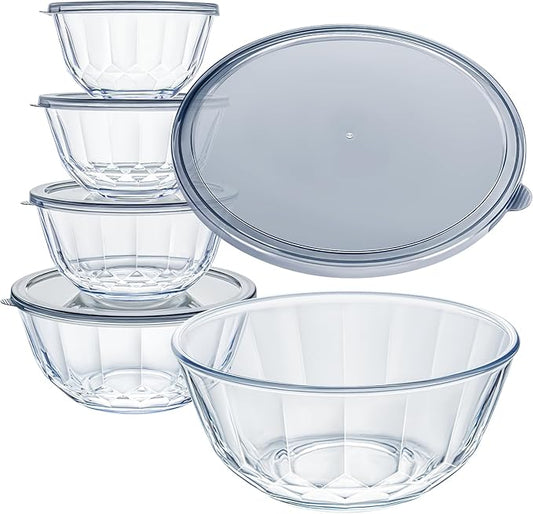 Luvan Glass Mixing Bowls with Lids Set of 5(0.85qt,1.11qt,1.69qt,2.85qt,4.7qt), Large Salad Bowl with Diamond Pattern & Grey Transparent Lids, Kitchen Clear Mixing Bowl for Serving Baking Prep Storage