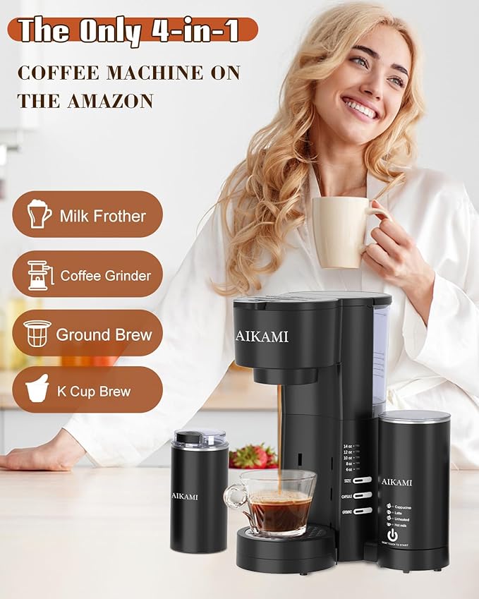 4 IN 1 Single Serve Coffee Maker with Milk Frother and Coffee Grinder, Coffee Maker for K Cup and Ground Coffee, with 30 oz Removable Water Reservoir, 6 to 14 oz. Brew Sizes, Coffee Machine for Home