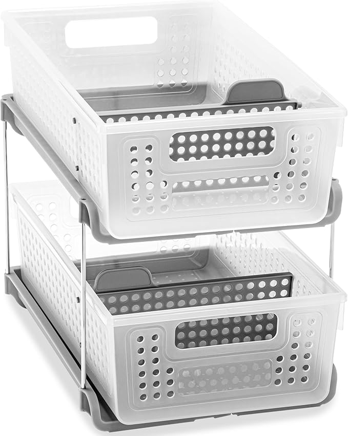 madesmart 2-Tier Organizer, Multi-Purpose Slide-Out Storage with Handles and Dividers for Home and Bath, BPA Free, Frost