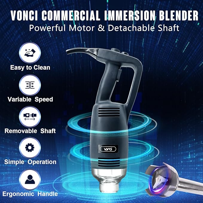 VONCI 500W Commercial Immersion Blender, 12" SUS 304 Removable Shaft, Heavy Duty Power Hand Mixer with Variable Speed 6000-20000RPM, Professional Electric Stick Blender for Restaurant Kitchen Use.