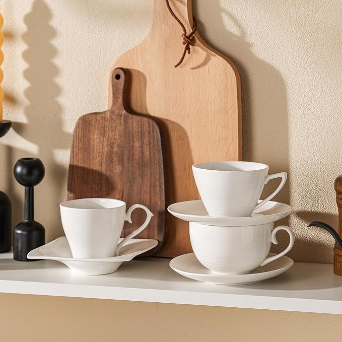 10 oz Cappuccino Cups with Saucers, Ceramic Espresso Coffee Cups Set of 4, White Latte Cup and Saucer, Elegant Tea Mugs Set, Microwave Dishwasher Safe Drinkware for Cafe, Housewarming Gift