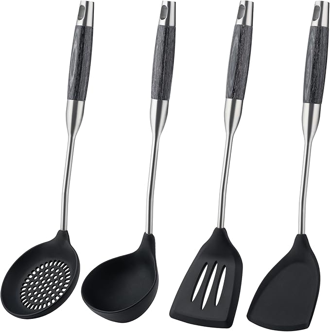 FJNATINH Silicone Wok Spatula,Turner,Ladle,Skimmer,Stainless Steel Wok Tools,Wok Utensil,Non Stick Heat-Resistant Cooking Utensils BPA Free Kitchen Utensils Cookware (Black Stainless Steel-4PCS)