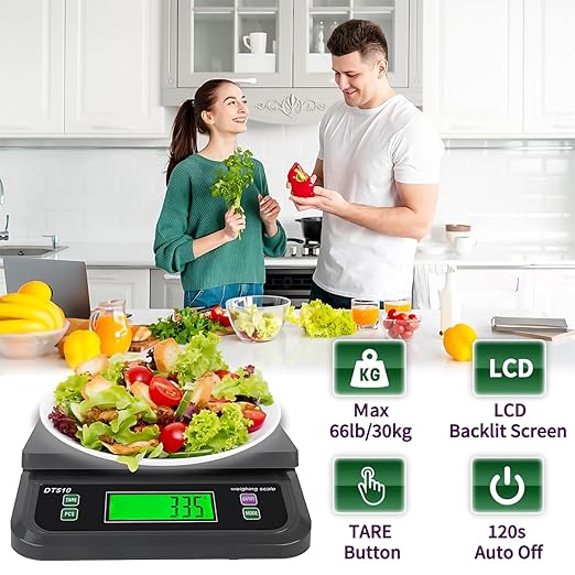 66LB 30kg Large Digital Kitchen Scale Food Scale for Baking Cooking Bread Meat Scales with Tare and Prep Counting LCD Display with Adapter, 6 Unit (Grey, 30kg)