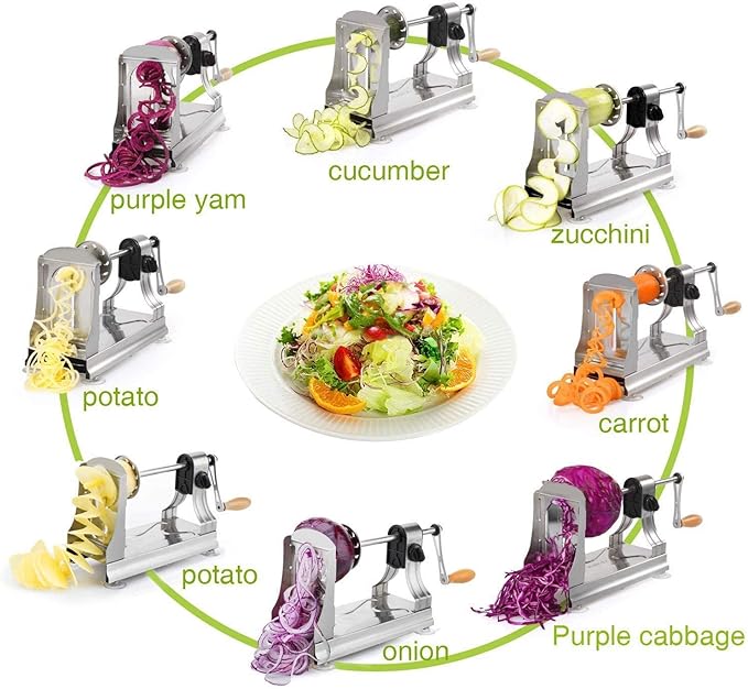 WellToBe 6-Blade Vegetable Spiralizer Spiral Slicer Veggie Pasta Spaghetti Maker for Healthy Low Carb/Paleo/Gluten - 304 Food Stainless Steel Body
