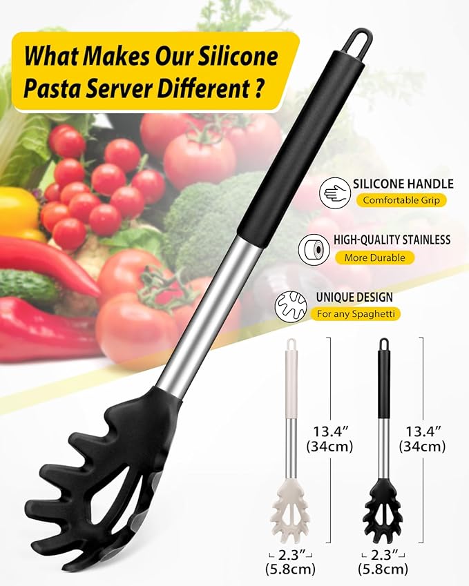 Pack of 2 Silicone Pasta Fork, Kitchen Heat Resistant Noodle Spoon Server, BPA Free Spaghetti Strainer, Best Cooking Tools (BLACK-KHAKI)