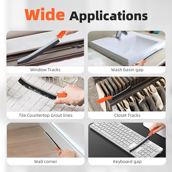 Hard Bristle Crevice Cleaning Brush - Cleaning Supplies - Grout Cleaning Brushes for Household Use - Crevice Cleaning Tool for Bathroom, Home and Kitchen (3, Orange)