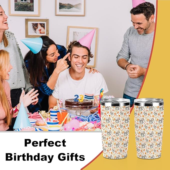 Cute Elephants Tumbler, Elephant Decor 20 oz Stainless Steel Coffee Mug，Travel Cup，Insulated Cup with Lid for Car, Elephant Gifts for Women Girls Animal Lovers Birthday Christmas Thanksgiving