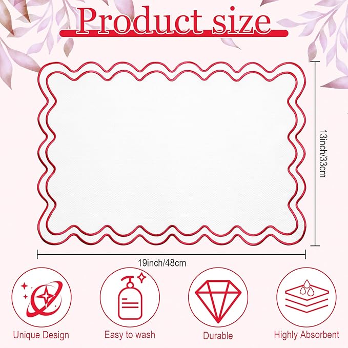 12 Set Linen Placemat 13x19 Wavy Embroidery Scalloped Placemat Double Layered Washable Farmhouse Dinner Table Mat Fabric Napkin for Christmas Hotel Restaurant Wedding Party(White&red)