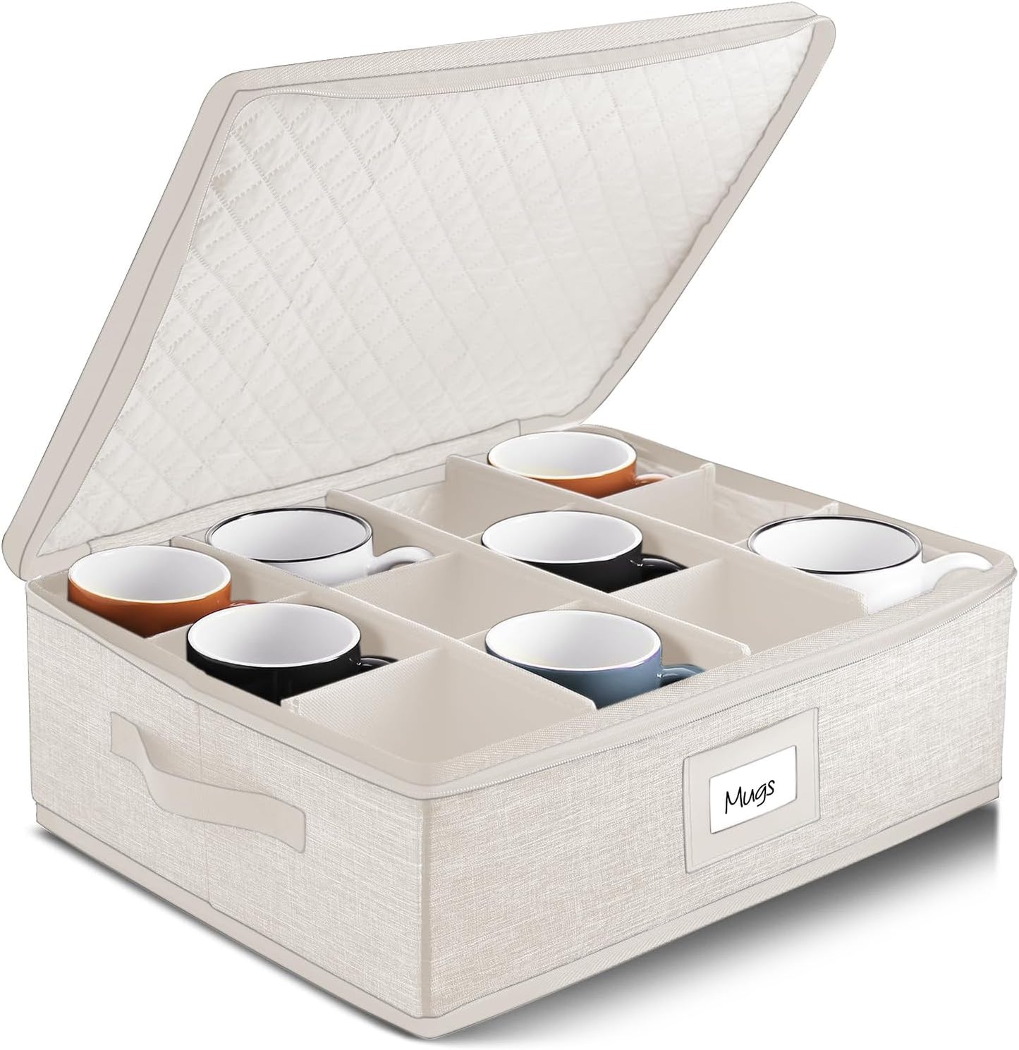 Hearth & Harbor Coffee Mug Storage, Quilted and Stackable Coffee Cup Storage Organizer for Service of 12, Mug Storage Box with Dividers, China Containers Hard Shell for Moving and Organization, Cream