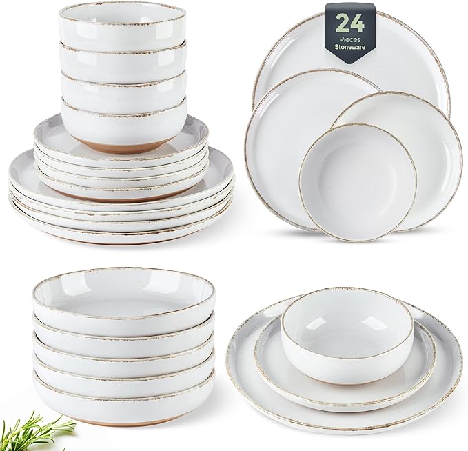 AmorArc 24 Pieces Ceramic Dinnerware Sets for 6, Handpainted Plates and Bowls Set with Rustic Terracotta Underside, Scratch Resistant Stoneware Dishes Set, Dishwasher & Microwave Safe, White