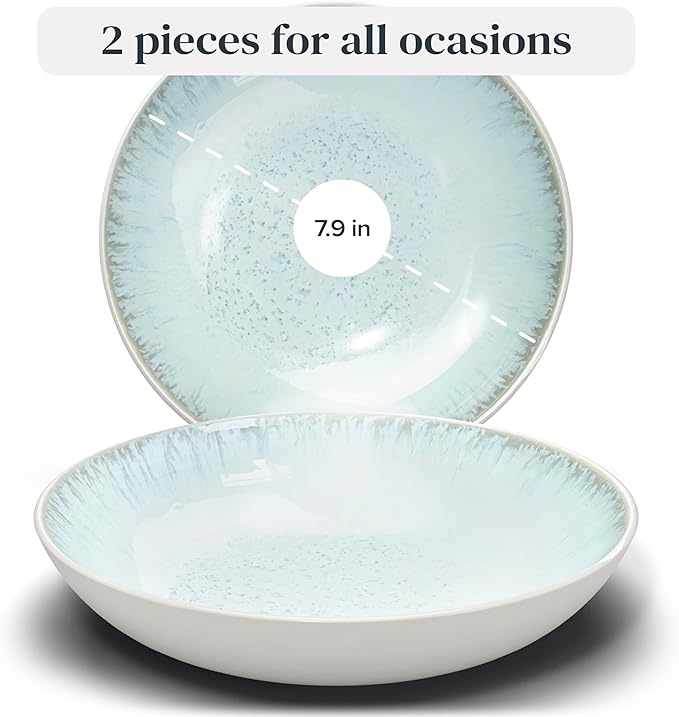 Stoneware pasta bowls set 2 pcs – 7.7" light beige & blue ceramic plates & salad bowls – Dishwasher and microwave safe – Large soup bowls stylish set – Dinner service Pure Living