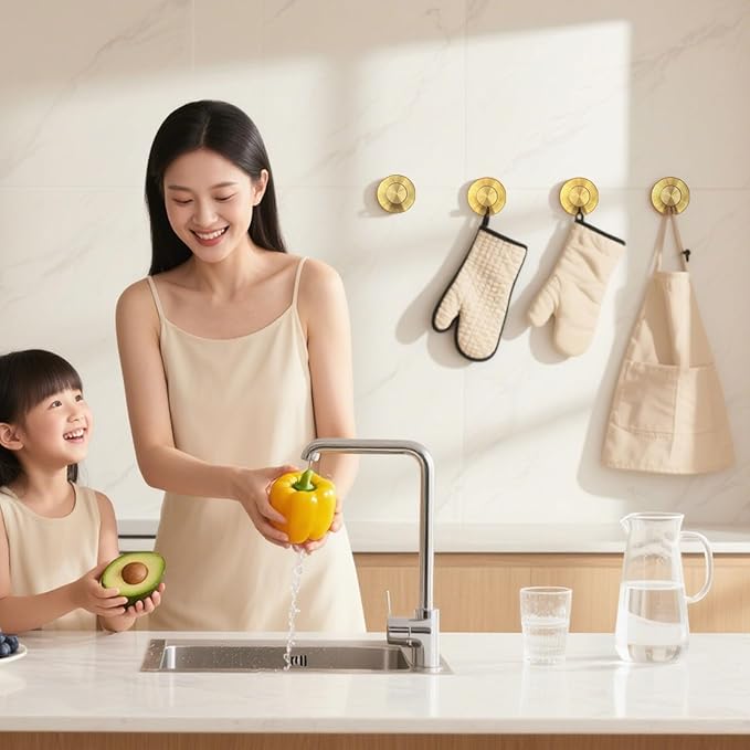 4 Pcs Suction Cup Hook for Shower，Removable Hooks，Towel Hooks，Suction Hooks for Bathroom, Bedroom, Glass Window (Gold)