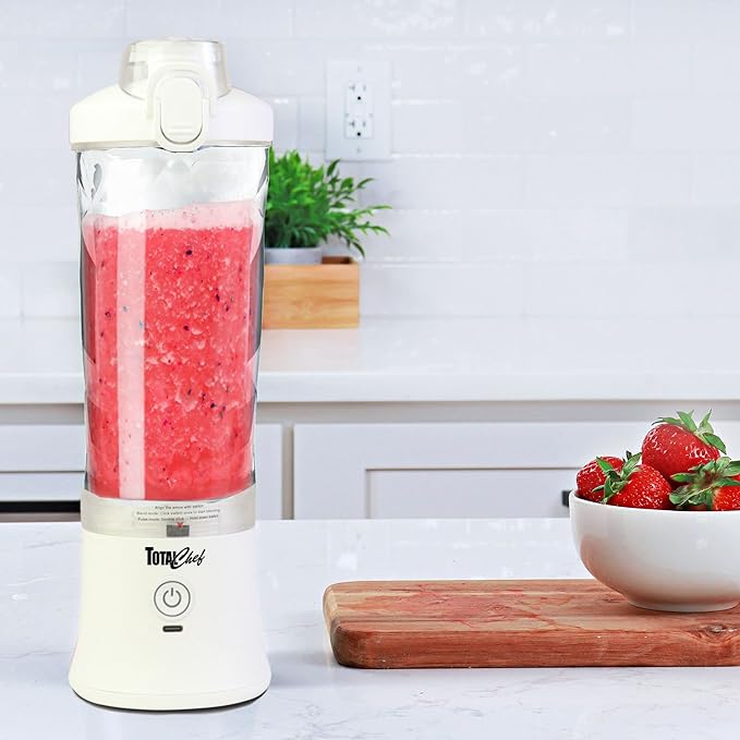 Total Chef Portable Blender - For Smoothies & Protein Shakes, USB Rechargeable Cordless Mini Travel Mixer, Personal Juicer, Ice Crusher, Blender Bottle for Home & Kitchen, 20oz, White