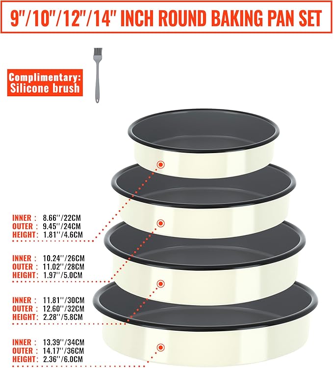 Enamel Baking Pans Set Round Roasting Dish 4-Pack 9/10/12/14 Inch Non-Toxic Non-Stick Carbon Steel Large Bakeware for Cake Bread Pie Pizza Turkey Steak, Oven Dishwasher Safe Thanksgiving Gift Cookware