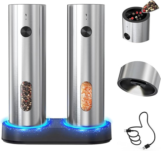 CIRCLE JOY Rechargeable Electric Salt and Pepper Grinder Set Automatic Stainless Steel Pepper Mill Grinders with Charging Base, Adjustable Coarseness, 110ml Container and Bright LED Light, Silver