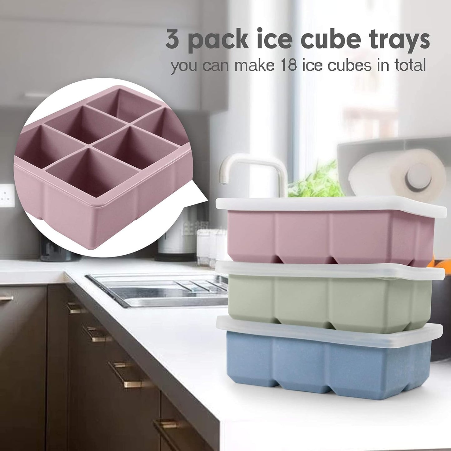 Silicone Ice Cube Trays 3 Pack - Large Size Silicone Ice Cube Molds with Leak Proof Removable Lid Square Ice Cube Tray And BPA Free for Cocktail,Whiskey, Stackable Flexible Ice