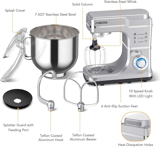 Garvee 7.5QT Stand Food Mixer, 10-Speed Tilt Head 3-IN-1 Kitchen Electric Mixer with Stainless Steel Bowl, Egg Whisk, Dough Hook, Beater, Splash Guard, Compact Dough Mixer for Home Cooks, Silver