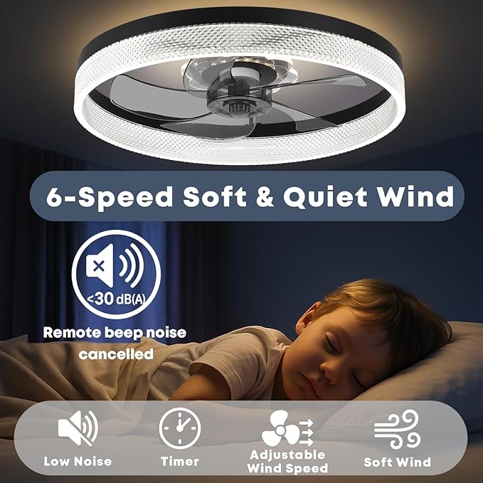 20‘’ Ceiling Fan with Light, Upgraded Low Profile Fan, Flush Mount Ceiling Fan, 6 Speeds, Dimmable LED, App & Remote Control, Quiet DC Motor, for Bedroom, Living Room, F093 Black-D