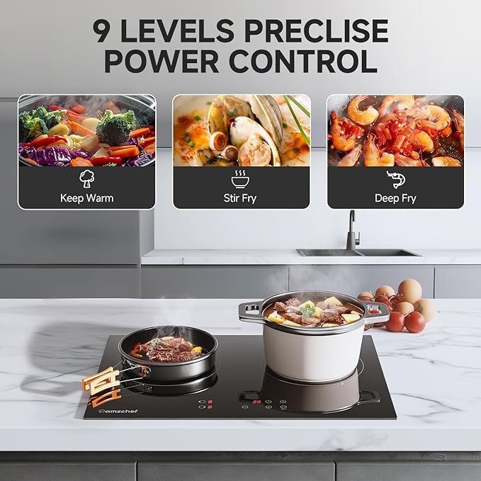 AMZCHEF Induction Cooktop 2 Burners 1800W, Built-in & Countertop Electric Cooktop with 9 Power Levels, 110V-120V Double Induction Stove with Plug, 99-min Timer, Safety Lock, Ceramic Glass