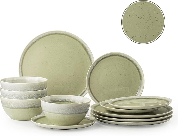 Plates and Bowls Sets, 12 Pieces Grass Green Dinnerware Sets for Kitchen, Reactive Glaze Dishes Set for 4, Dishwasher and Microwave Safe, Series Starflecked Shore (Grass Green)