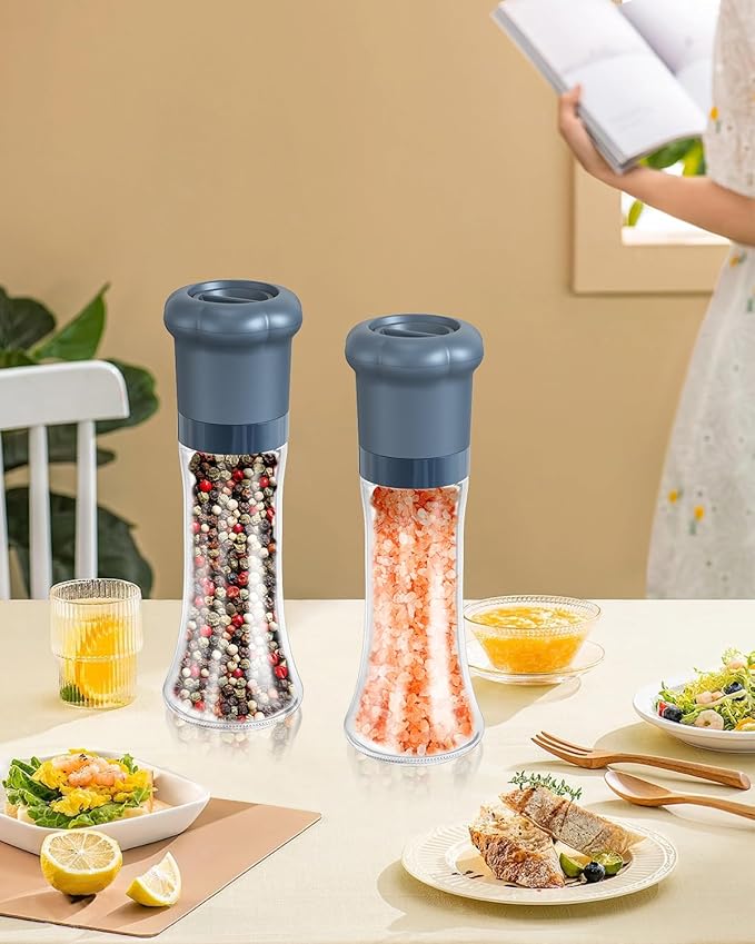 CIRCLE JOY Manual Salt and Pepper Grinder Set For Professional Chef, Refillable Salt and Pepper Shakers with Ceramic Blades, Adjustable Coarseness and BPA-free 180ml Glass Container, Tall Blue