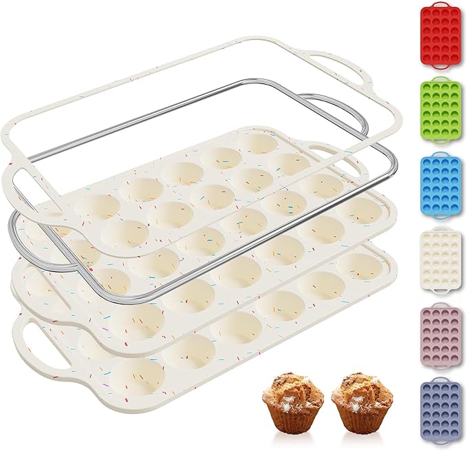 2 Packs 24 Cups Silicone Muffin Pan with Metal Reinforced Frame Mini Size Cupcake Pan Tray Egg Bites Silicone Circle Cookie Molds Muffin Tin Tart Pans Baking Sheet Set for Breakfast Sandwiches