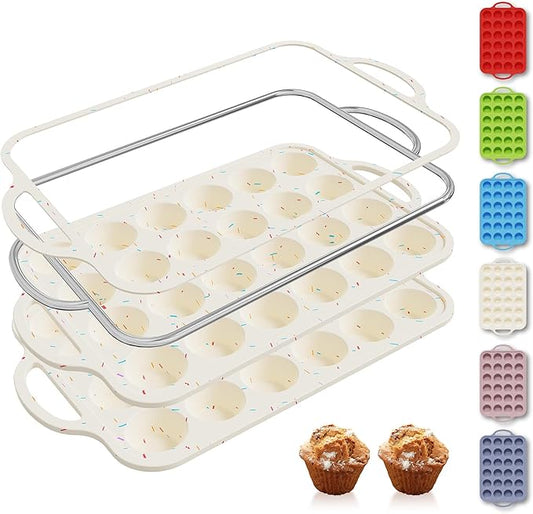 2 Packs 24 Cups Silicone Muffin Pan with Metal Reinforced Frame Mini Size Cupcake Pan Tray Egg Bites Silicone Circle Cookie Molds Muffin Tin Tart Pans Baking Sheet Set for Breakfast Sandwiches