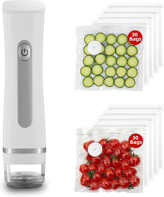 Compact Vacuum Sealer Machine for Food Preservation with 30 Reusable Vacuum Storage Freezer Bags, Portable Handheld Food Saver, Suitable for Meal Prep, Sous Vide Cook, Outdoor BBQ, Kitchen Leftover