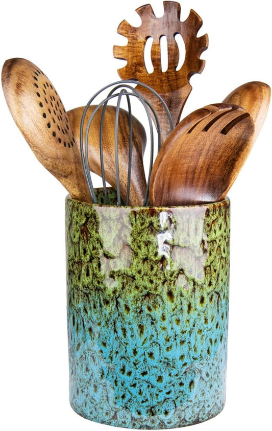 Utensil Holder, Ceramic Kitchen Utensil Holder for Countertop, Large Cooking Utensil Crocks for Kitchen Counter, Morden Utensil Organizer for Spatula, kitchen Decor,Green & Blue