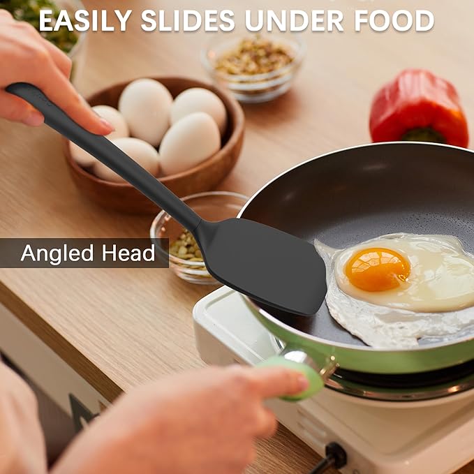 Coukre 3 Pack Silicone Spatula Set, High Heat Resistant, BPA-Free, Fish Spatula, Solid & Slotted Turner for Non-Stick Pans, Flipping Eggs, Pancakes, Fish, Burgers (3, PureBlack)