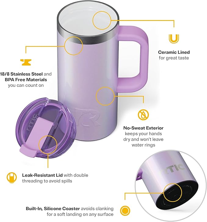 RTIC 16oz Road Trip Travel Mug with Lid and Handle, Ceramic Lined, Insulated, Stainless Steel, Metal, Double Wall Vacuum-Insulation, Portable Coffee, Tea Cup for Hot and Cold Drink, Lavender Glitter