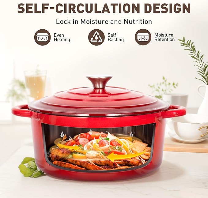 MAISON ARTS Enamel Cast Iron 7 Piece Cookware Set, Heavy Duty Dutch Ovens Pot with Lid, Red Non Stick Pots and Pans Sets, Oven Safe up to 500°F