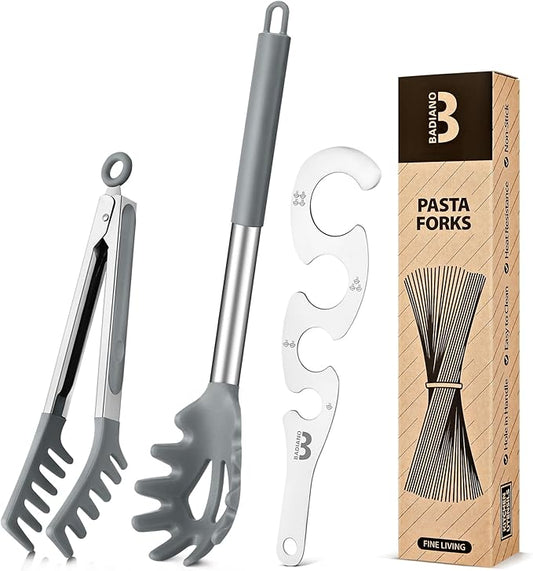 Silicone Spaghetti Spoon & Pasta Tong With Pasta Measurer, 3 Pack of Non-Stick Stainless Steel Handle Pasta Fork Set with Teeth, Food Clip for Easy Serving of Noodles (GREY)