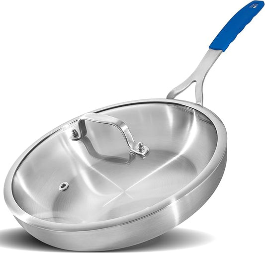 Inqibee 12 Inch Tri-Ply Stainless Steel Frying Pan with Lid,Skillet,Induction Cooking Pan,Dishwasher Safe and Detachable Handle