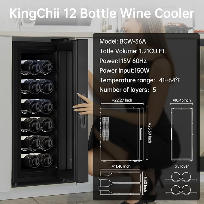KingChii 12 Bottle Thermoelectric Wine Cooler Refrigerator Advanced Cooling Technology, Stainless Steel & Tempered Glass For Red Wine, Champagne for Home, Kitchen, or Office