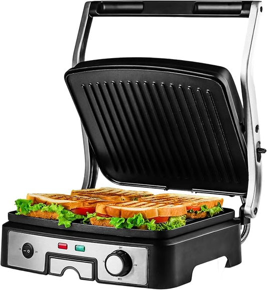 OVENTE Electric Panini Press Sandwich Maker, 1500W Indoor Grill with Non-Stick Coated Plates, Temperature Control & Removable Drip Tray, Opens 180 Degrees to Fit Any Type/Size of Food, Silver GP1861BR