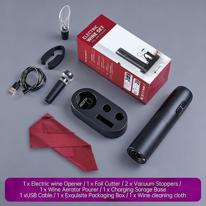 Electric Wine Opener Rechargeable Electric Wine Bottle Opener 6in1 with Charging Base Foil Cutter Vacuum Stopper and Pourer for Home Kitchen Bars Wedding Wine Lover Gifts