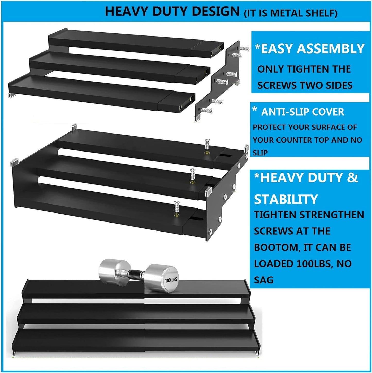 Expandable Spice Rack Storage organizer with 3-Tier step shelf cabinet,seasoning rack organizion.Great for Kitchen countertop shelves,Bathroom,dressing table,Cupboard,Pantry and more(2packs/Gun-gray)